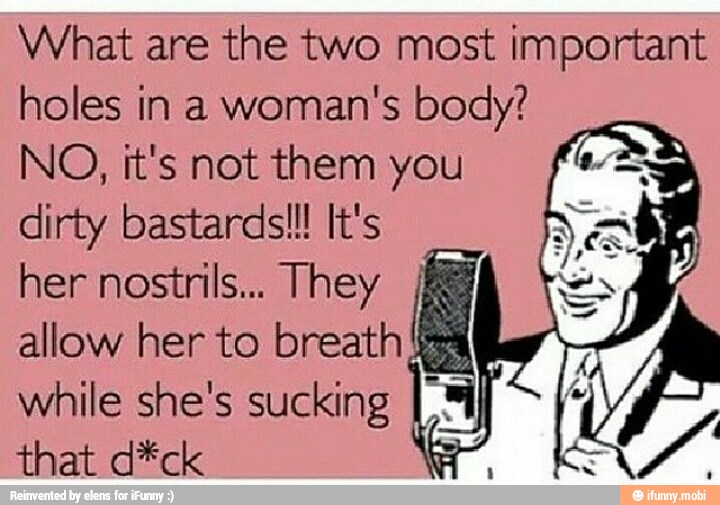 What are the two most important
holes in a
woman's body?
NO, it's not them you
dirty bastardsll! It's
her nostnils... They IS
allow her to breath 24
while she's sucking I "i
that d*ck a