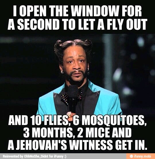1 OPEN THE WINDOW FOR
A SECOND TO LET A FLY OUT
2
AND
10 FLIES"6 MOSQUITOES,
3 MONTHS, 2 MICE AND
A JEHOVAH'S WITNESS GET IN.
