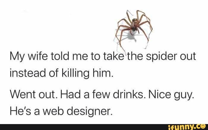 My wife told me to take'the spider out
instead of killing him.
Went out. Had a few drinks. Nice guy.
He's a web designer.