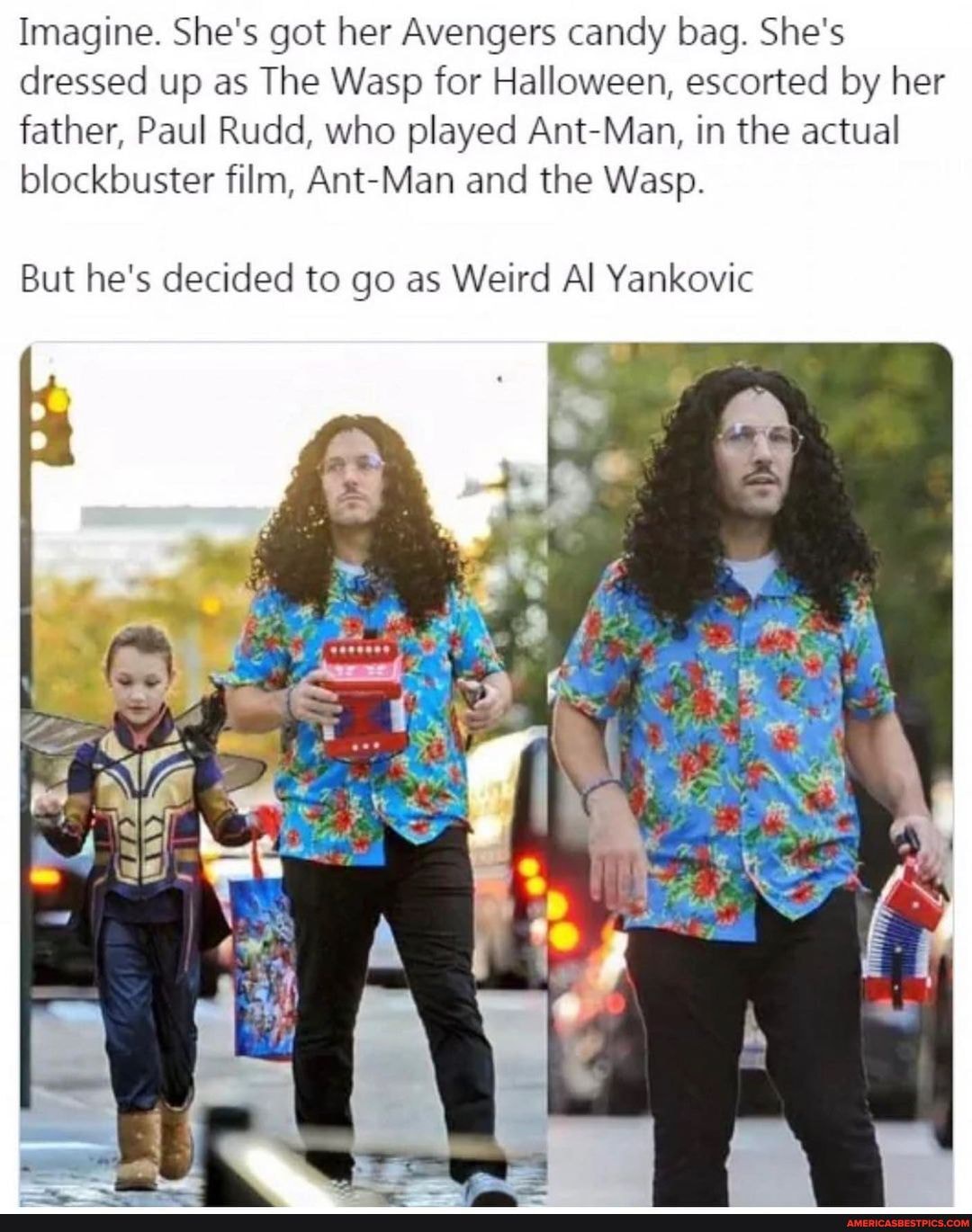 Imagine. She's got her Avengers candy bag. She's dressed up as The Wasp for Halloween, escorted by her father, Paul Rudd, who played Ant-Man, in the actual blockbuster film, Ant-Man and the Wasp.
But he's decided to go as Weird Al Yankovic
