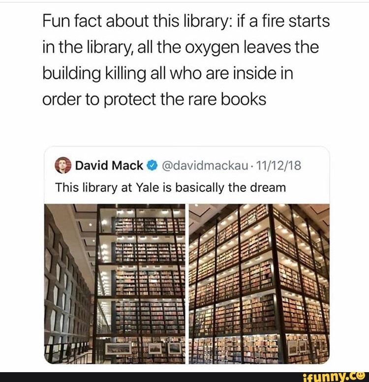 Fun fact about this library: if a fire starts
in the library, all the oxygen leaves the
building killing all who are inside in
order to protect the rare books David Mack @davidmackau- 11/12/18
This library at Yale is basically the dream