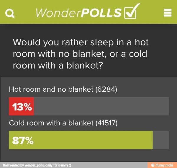 Would you rather sleep in a hot
room with no blanket, or a cold
room with a blanket?
Hot room and no blanket (6284)
Cold room with a blanket (41517)