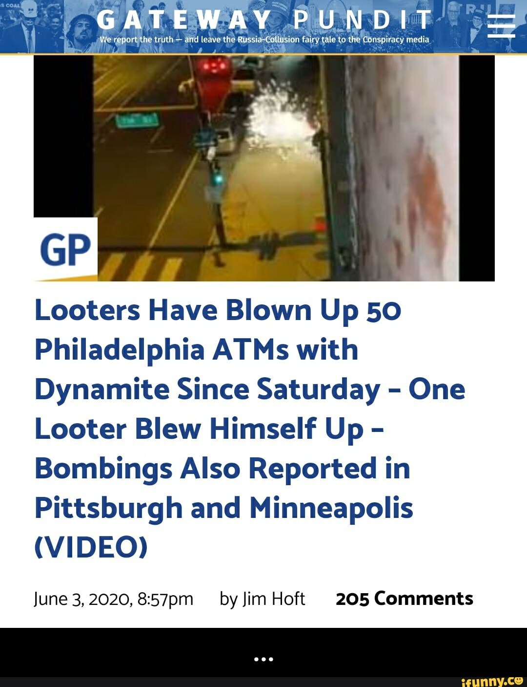 Looters Have Blown Up 50
Philadelphia ATMs with
Dynamite Since Saturday One
Looter Blew Himself Up Bombings Also Reported in
Pittsburgh and Minneapolis
(VIDEO)
June 3, 2020, 8:57pm by Jim Hoft +205 Comments - ...