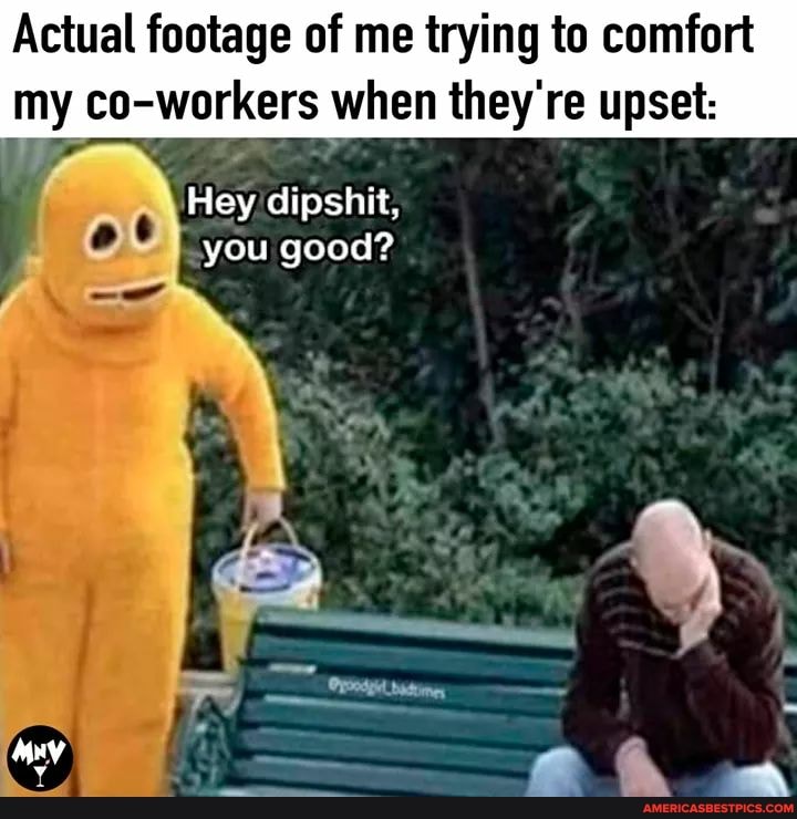 Actual footage of me trying to comfort
my co-workers when they're upset:
Hey dipshit, you good?