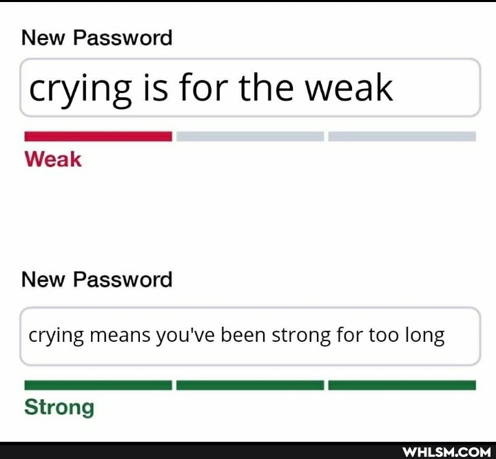 New Password
crying is for the weak
Weak
New Password
crying means you've been strong for too long
Strong