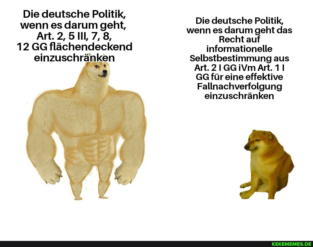 Die deutsche Politik, Die deutsche Politik,
wenn es Art. darum geht, 7,8, wenn es darum geht das
Art. 2, 7,8, Recht auf
12 GG flächendeckend informationelle einzuschränken Selbstbestimmung aus
Art. 21GG iVm Art. 11
GG für eine effektive
Fallnachverfolgung einzuschränken