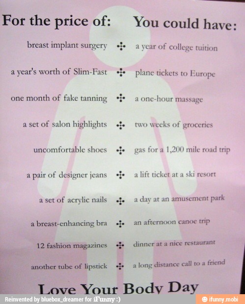 For the price of: You could have:
breast implant surgery "f+ a year of
college tuition
a
year's worth of Slim-Fast "fe. plane tickets to
Europe
one month of fake tanning a
one-hour massage
aset of salon highlights "fe two weeks of
groceries
s for a
1,200 mile road
trip uncomfortable shoes
a
pair of designer jeans
a
lift ticket at
a
ski resort
asevof
acrylic nails "je a
day at an amusement
park
abreastenhancing bra "f+ an
afternoon canoe trip
12 fashion magazines f+ dinner at
a
nice restaurant another tube of
lipstick a long distance call to a
friend
Tove Your Bodv Day
