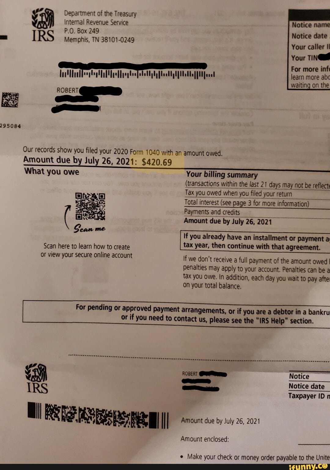 Nice 295084 Department Of The Treasury Internal Revenue Service Po Box 249 Memphis Tn 38101 0249 Robert Notice Name Notice Date Your Caller Your For More Inf Learn More Abc Waiting On Nice 295084 Department Of The Treasury Internal Revenue Service Po Box 249 Memphis Tn 38101 0249 Robert Notice Name Notice Date Your Caller Your For More Inf Learn More Abc Waiting On