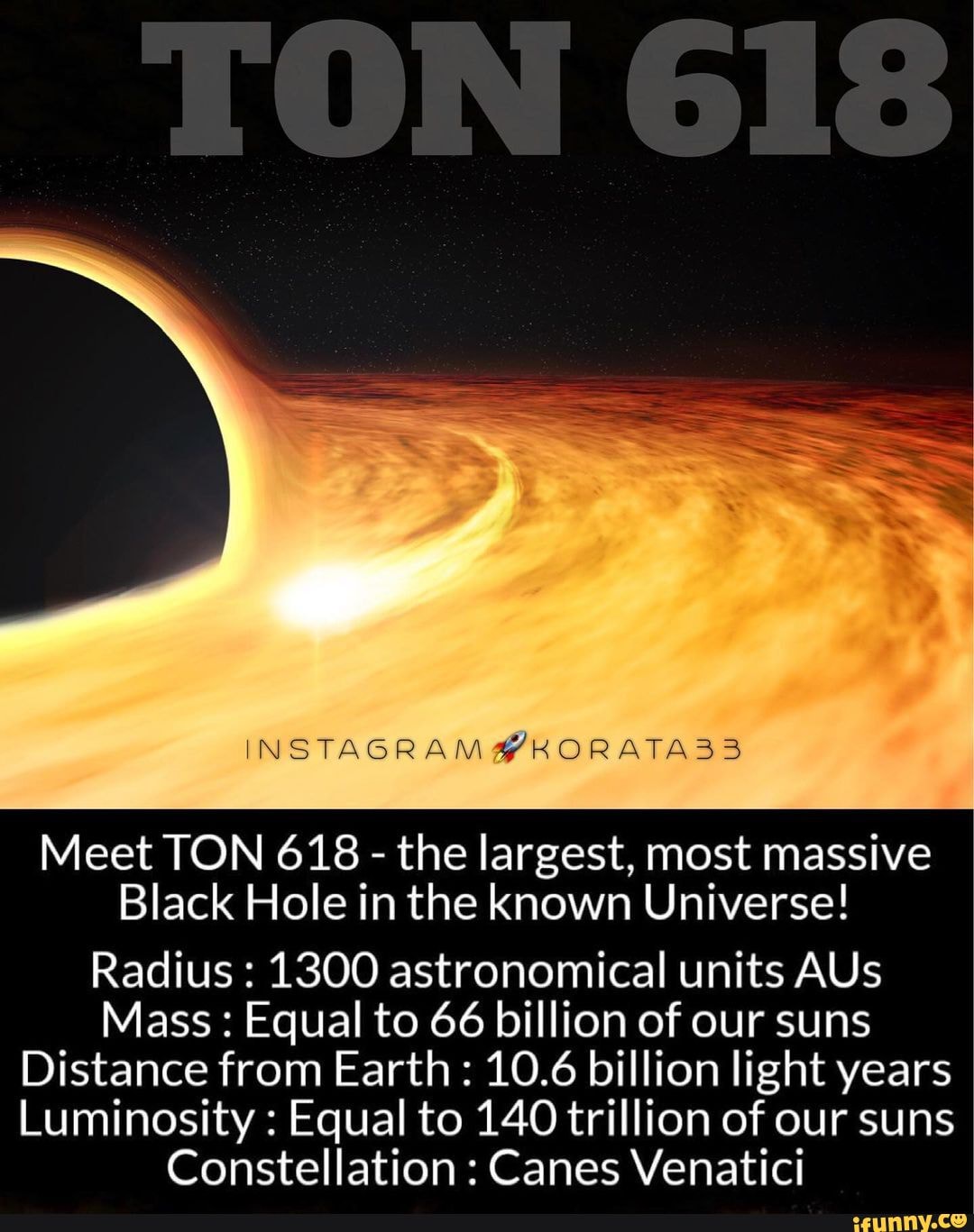 Gangster Skygge Bliv sammenfiltret INSTAGRAM Meet TON 618 - the largest, most massive Black Hole in the known  Universe! Radius 1300
