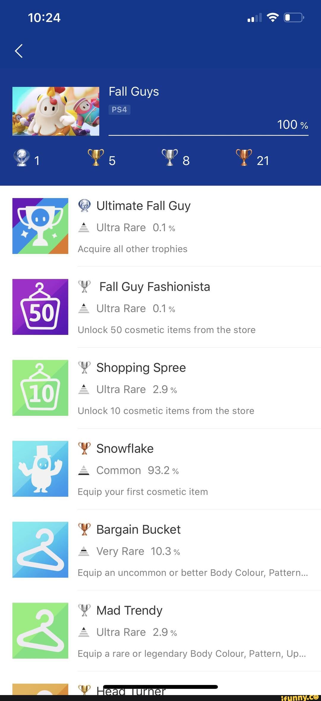 Fall Guys ad 100 Ultimate Fall Guy Ultra Rare 0.1 Acquire all other trophies 'YY' Fall Guy