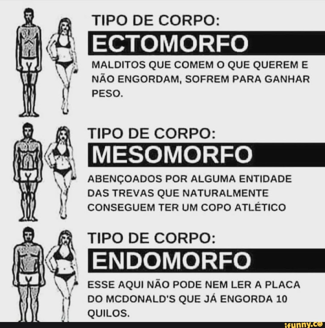 TIPO DE CORPO:
I FAN ECTOMORFO
MALDITOS QUE COMEM O QUE QUEREM E
NÃO ENGORDAM, SOFREM PARA GANHAR
PESO.
TIPO DE CORPO:
8
MESOMORFO
ABENÇOADOS POR ALGUMA ENTIDADE
DAS TREVAS QUE NATURALMENTE
CONSEGUEM TER UM COPO ATLÉTICO
TIPO DE CORPO:
ENDOMORFO
ESSE AQUI NÃO PODE NEM LER A PLACA
DO MCDONALD'S QUE JÁ ENGORDA 10
QUILOS.