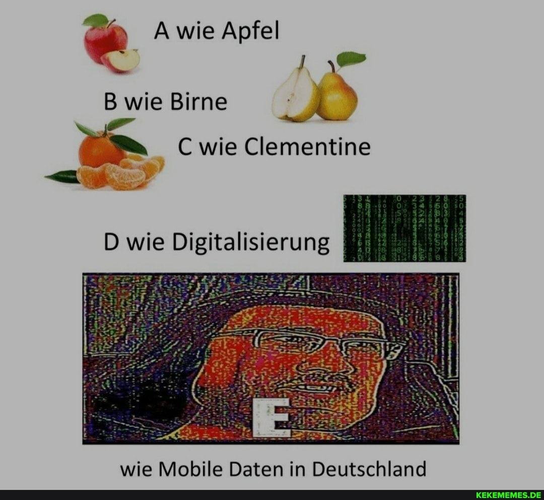 A wie Apfel
NT AR B wie Birne
wie Clementine
wie Digitalisierung
wie Mobile Daten in Deutschland