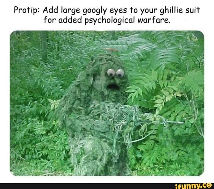 Protip Add large googly eyes to your ghillie suit for added