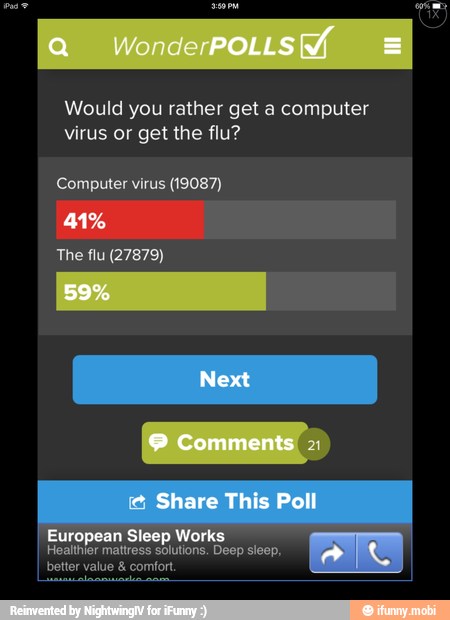 Would you rather get a computer
virus or get the flu?
Computer virus (19087)
The flu (27879)
European Sleep Works
Healthier mattress solutions. Deep sleep,