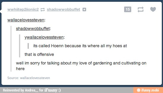 wallacelovessteven:
shadowwobbuffet:
ywallacelovessteven:
its called Hoenn because its where all my hoes at
well im sorry for talking about my love of gardening and cultivating on
here