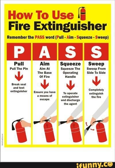 How To Use Fire Extinguisher Remember the PASS word (Pull Aim