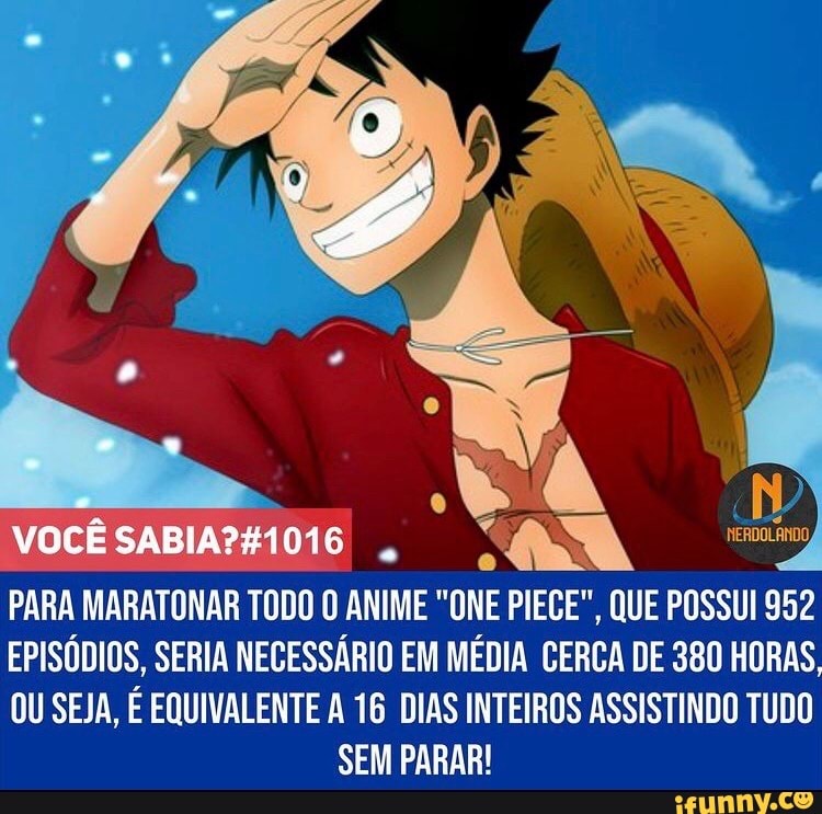 Voce Para Maratonar Todo O Anime One Piece Que Possui 952 Episodios Seria Necessario Em Media Cerca De 380 Horas Ou Seja E Equivalente A 16 Dias Inteiros Assistindo Tudo Sem Parar