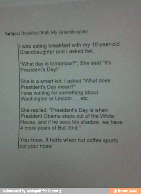 I was eating breakfast with my 10-year-old
Granddaughter and I asked her,
She replied, "President's Day is when
President Obama steps out of the White
House, and if he sees his shadow, we have
14 more years of Bull Shit."
[You know, It hurts when hot coffee spurts
your nose!