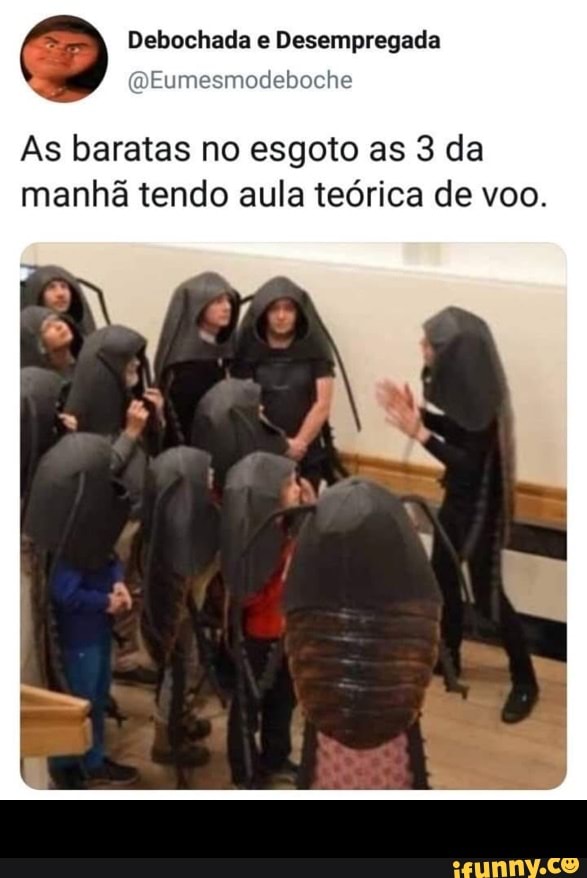 Debochada e Desempregada
@Eumesmodeboche
As baratas no esgoto as 3 da
manhã tendo aula teórica de voo. -