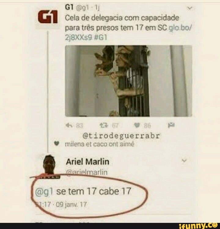 Cela de delegacia com capacidade
para três presos tem 17 em SC glo bo/
PITA e TER
@tirodeguerrabr
milena et Caco ont aime
Ariel Marlin
otal