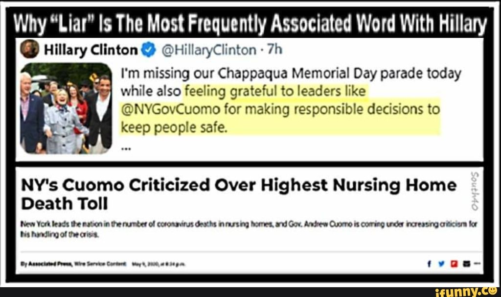 Why "Liar" Is The Most Frequently Associated Word With Hillary
Q Hillary Clinton Y OHillaryClinton I'm missing our Chappaqua Memorial Day parade today
while also feeling grateful to leaders like
@NYGovCuomo for making responsible decisions to
keep people safe.
NY's Cuomo Criticized Over Highest Nursing Home
Death Toll
(New York beads the maton in the nurnber of coronavirus deaths in nursing homes, and Gov. Andrew Quorno is Coming under incressng criicesm for