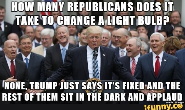 HOW MANY REPUBLICANS DOES IT TAKE TO CHANGE A LIGHT BULB?
NONE, TRUMP JUST SAYS IT'S FIXED AND THE REST OF THEM SIT IN THE DARK AND APPLAUD