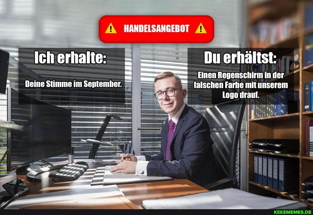 HANDELSANGEBOT
Icherhalte: - Duerhältst:
Einen Regenschirm in der
Deine Stimme im September. = falschen Farbe mit unserem
Logo drauf.