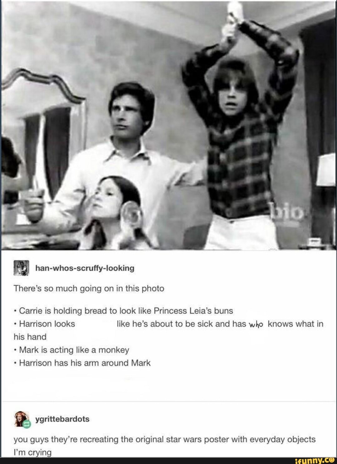 my han-whos-scruffy-looking
There's so much going on in this photo
Carrie is holding bread to look like Princess Leia's buns
Harrison looks like he's about to be sick and has who knows what in
his hand
Mark is acting like a monkey
Harrison has his arm around Mark
you guys they're recreating the original star wars poster with everyday objects
I'm crying