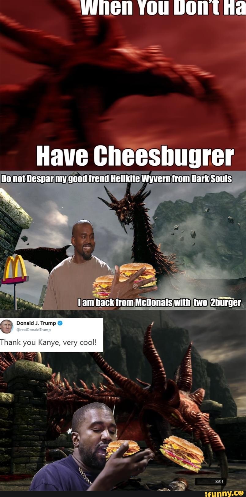 When you Vontha Have Cheeshugrer Do not Despar my good frend Hellkite  Wyvern from Bark Souls lam back from McDonals with two 2hurger Thank you  Kanye, very cool! - iFunny, image size:804x1620