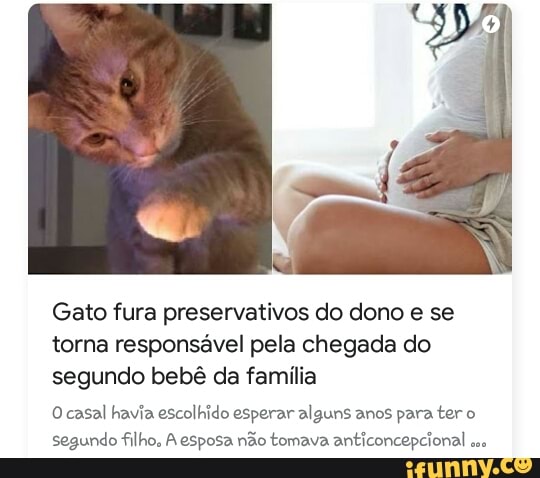 Gato fura preservativos do dono e se
torna responsável pela chegada do
segundo bebê da família
O casal havia escolhido esperar alguns anos para ter o
segundo filho. A esposa não tomava anticoncepcional