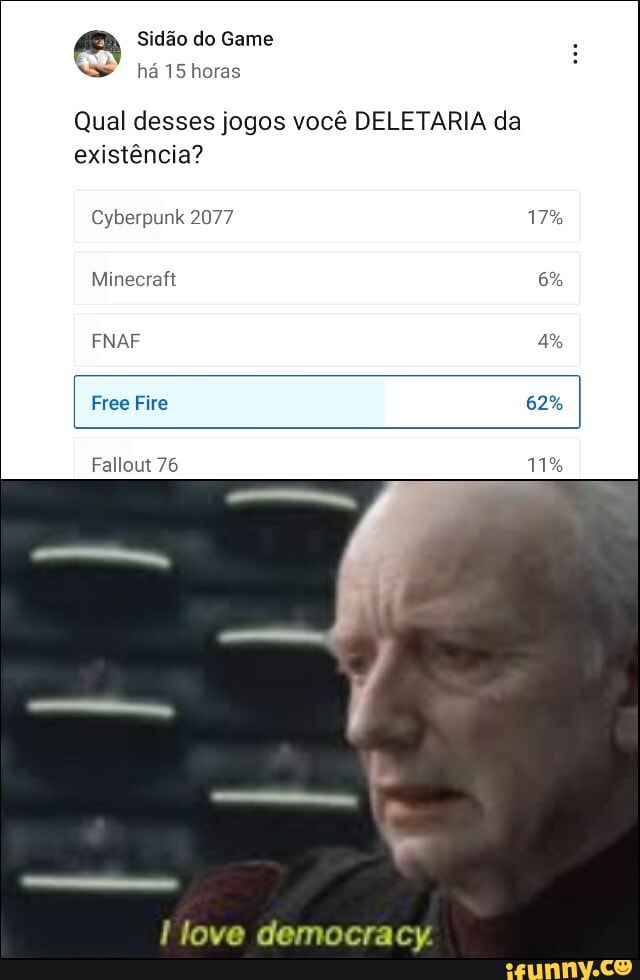 Sidão do Game
há 15horas
Qual desses jogos você DELETARIA da existência?
Cyberpunk 2077 17%
Minecraft 6%
FNAF 4%
Free Fire 62%
Fallout 76
love democracy