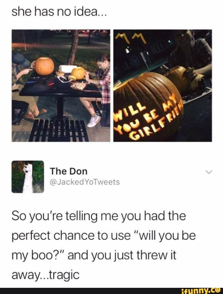 she has no idea...
So you’re telling me you had the
perfect chance to use ”will you be
my boo?” and you just threw it
away...tragic