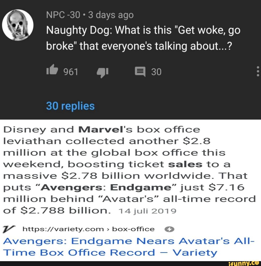 NPC -30 3 days ago
Naughty Dog: What is this "Get woke, go broke' that everyones talking about...?
961 30
Disney and Marvel's box office leviathan collected another $2.8 million at the global box office this weekend, boosting ticket sales toa massive S2.78 billion worldwide. That puts "Avengers: Endgame?" just $7.16 million behind "Avatar's" all-time record of S2.788 billion. 14 juli 2019
box-office
Avengers: Endgame Nears Avatar's AIll-
Time Box Office Record - Variety