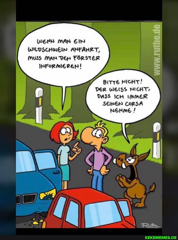 WERN MAN EIN WILDSCHWEIN ANFÄHRT, mus5 MAN VEH FÖRSTER
INFORMIEREN!
BICHT!
DER WEISS NICHT,
Dass IcH ImmeR SEINEN CORSA