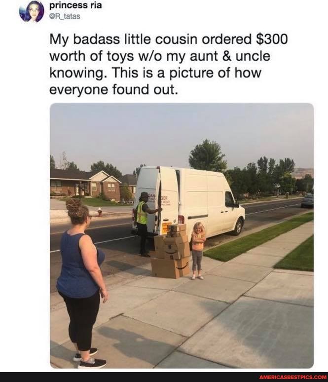 princess ria
@R_tatas
My badass little cousin ordered $300 worth of toys my aunt & uncle knowing. This is a picture of how everyone found out.