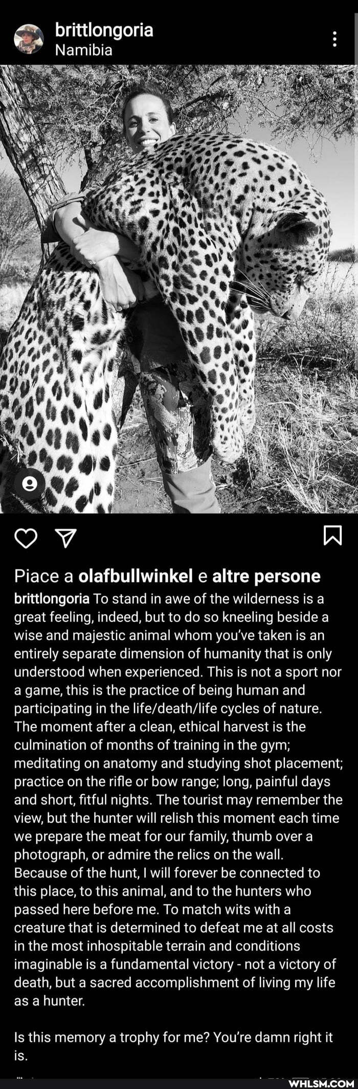 brittlongoria :
Namibia
Piace a olafbullwinkel e altre persone
brittlongoria To stand in awe of the wilderness is a great feeling, indeed, but to do so kneeling beside a wise and majestic animal whom you've taken is an entirely separate dimension of humanity that is only understood when experienced. This is not a sport nor a game, this is the practice of being human and participating in the cycles of nature.
The moment after a clean, ethical harvest is the culmination of months of training in the gym; meditating on anatomy and studying shot placement; practice on the rifle or bow range; long, painful days and short, fitful nights. The tourist may remember the view, but the hunter will relish this moment each time we prepare the meat for our family, thumb over a photograph, or admire the relics on the wall.
Because of the hunt, I will forever be connected to this place, to this animal, and to the hunters who passed here before me. To match wits with a creature that is determined to defeat me at all costs in the most inhospitable terrain and conditions imaginable is a fundamental victory - not a victory of death, but a sacred accomplishment of living my life as a hunter.
Is this memory a trophy for me? You're damn right it is.