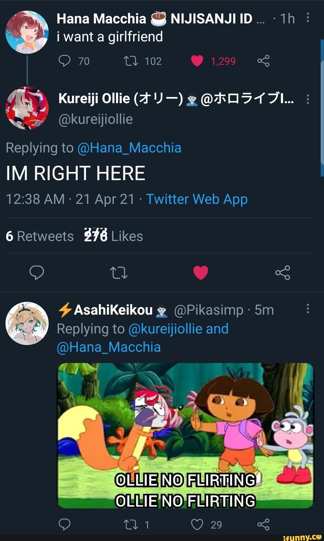 , Hana Macchia NIJISANJIID want girlfriend
1299
Kureiji Ollie TI...
Replying to @Hana_Macchia
IM RIGHT HERE
6 376
awry AsahiKeikou @Pikasimp
Replying to @kureijiollie and
Macchia
OLLIE NO FLIRTING#
OLLIE NO FLIRTING
