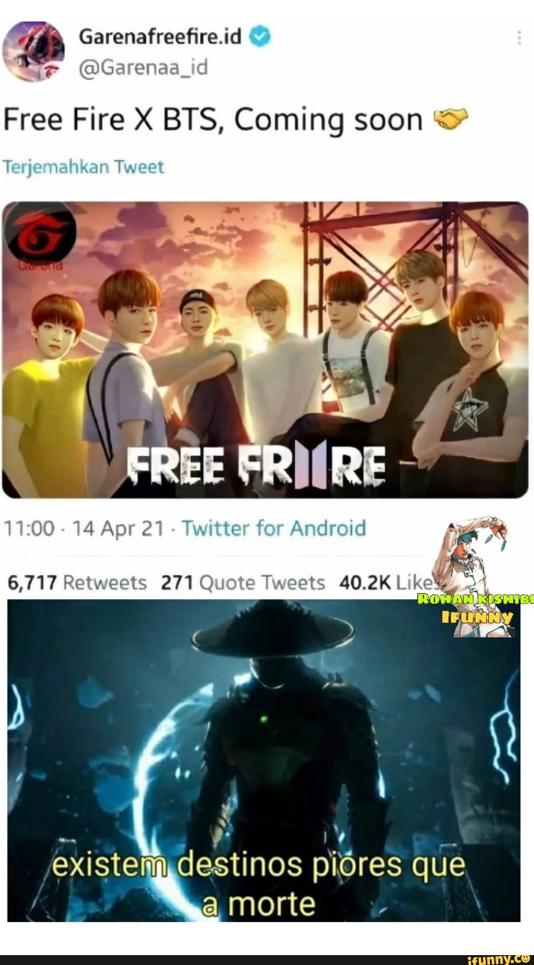 Garenafreefire.id
@Garenaa_id
Free Fire X BIS, Coming soon
Tegje nahkanr Tweet
\ (
- 14 Apr ed - Twitter for Android
Rewweets Quote Tweets exi isten INOS plores que amore