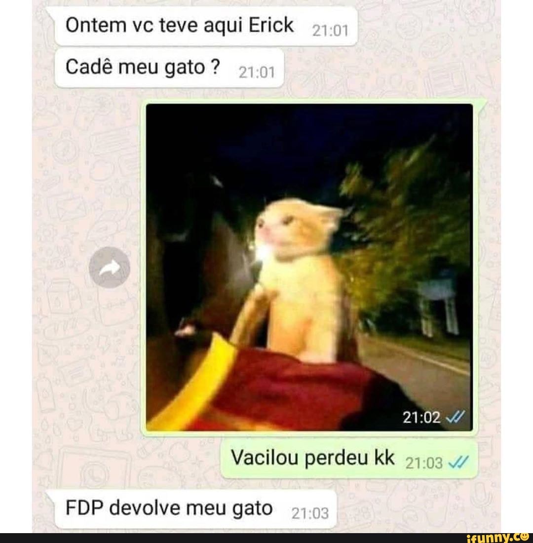 Ontem vc teve aqui Erick
Cadê meu gato 21:02 4
Vacilou perdeu kk
FDP devolve meu gato