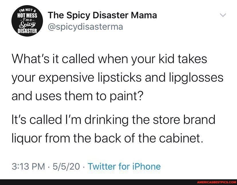 The Spicy Disaster Mama xcay @spicydisasterma
What's it called when your kid takes your expensive lipsticks and lipglosses and uses them to paint?
It's called I'm drinking the store brand liquor from the back of the cabinet.
PM - - Twitter for iPhone