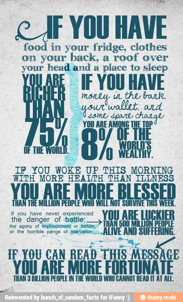 CJF YOU
HAVE
food in your fridge, clothes
on your back, a roof over
your head and a
place to sleep
IF YOU HAVE
IP YOU WOKE UP THIS MORNING
WITH MORE HEALTH THAN ILLNESS
IE YOU
CAN R
ER 'inka
CE
you ARE MORE FORTUNATE
'THAN 3 BILLION PEOPLE IN THE TAT ALL.