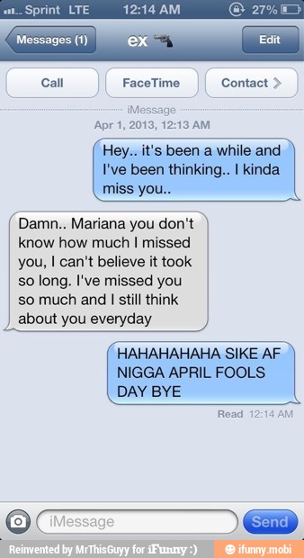 "Messages (1) ex
Hey.. it's been a while and
I've been thinking... I kinda
miss you..
Damn.. Mariana you don't
know how much I missed
you, I can't believe it took
so long. I've missed you
so much and I still think
about you everyday
HAHAHAHAHA SIKE AF