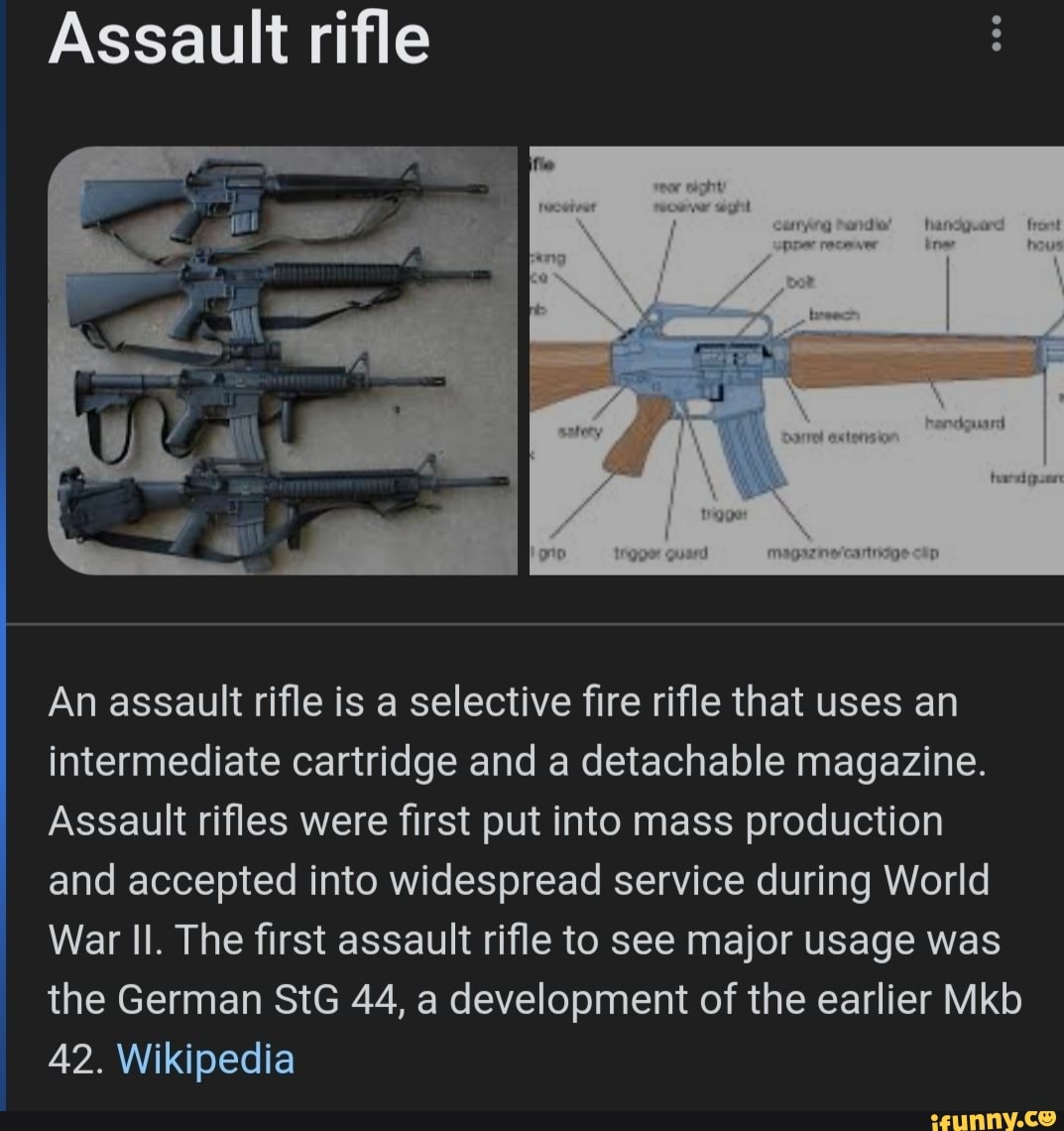 Assault rifle An assault rifle is a selective fire rifle that uses an intermediate cartridge and