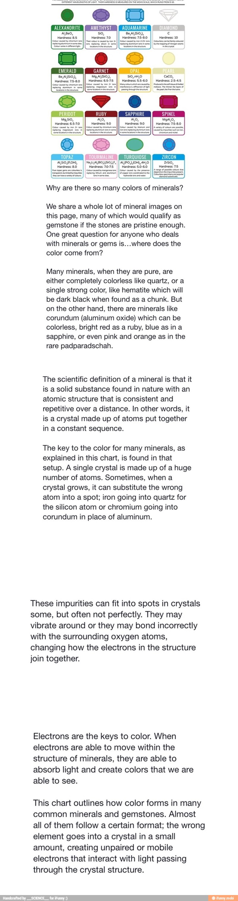 III Why are there so many colors of minerals?
We share a whole lot of mineral images on
this page, many of which would qualify as
gemstone if the stones are pristine enough.
One great question for anyone who deals
with minerals or gems is...where does the
color come from?
Many minerals, when they are pure, are
either completely colorless like quartz, or a
single strong color, like hematite which will
be dark black when found as a chunk. But
on the other hand, there are minerals like
corundum (aluminum oxide) which can be
colorless, bright red as a ruby, blue as in a
sapphire, or even pink and orange as in the
rare padparadschah.
The scientific definition of a mineral is that it
is a solid substance found in nature with an
atomic structure that is consistent and
repetitive over a distance. In other words, it
is a crystal made up of atoms put together
in a constant sequence.
The key to the color for many minerals, as
explained in this chart, is found in that
setup. A single crystal is made up of a huge
number of atoms. Sometimes, when a
