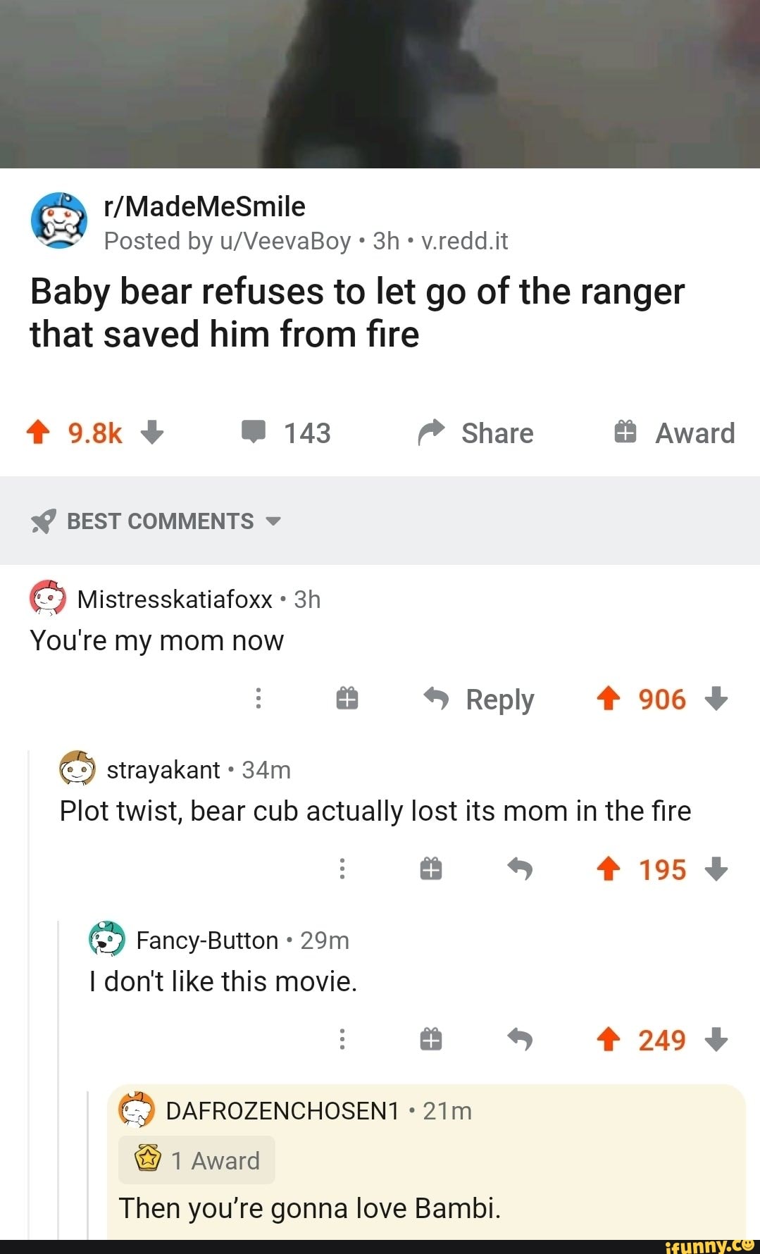 Posted by u/VeevaBoy Baby bear refuses to let go of the ranger that ...
