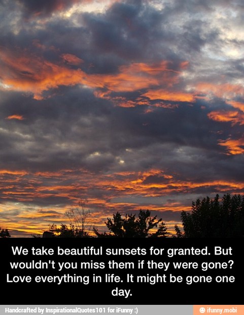 We take beautiful sunsets for granted. But
wouldn't you miss them if they were gone?
Love everything in life. It might be gone one
day. - We take beautiful sunsets for granted. But wouldn't you miss them if they were gone? Love everything in life. It might be gone one day.