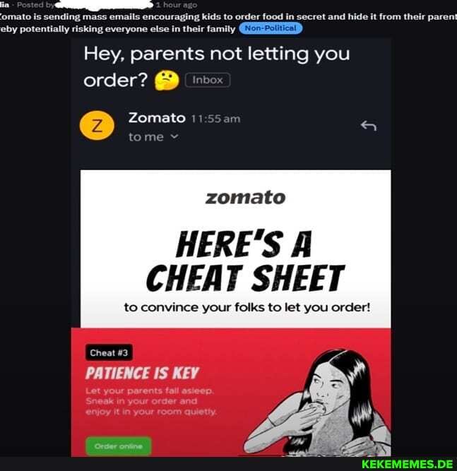 'omato is sending mass emails encouraging kids to order food in secret and hide it from their parent eby potentially risking everyone else in their family
Hey, parents not letting you order?
Zomato 11
tome v
HERE'S
CHEAT SHEET
to convince your folks to let you order!
Cheat #3
PATIENCE IS KEY