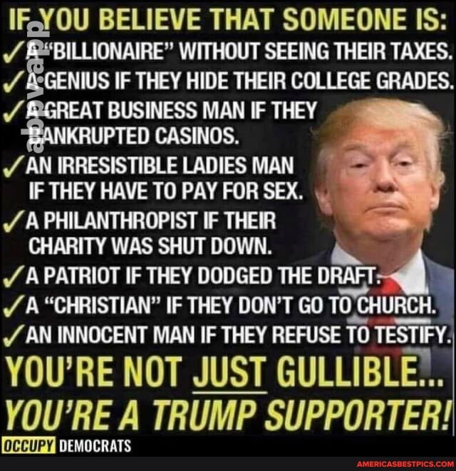 IFQYOU BELIEVE THAT SOMEONE IS:
WITHOUT SEEING THEIR TAXES.
US IF THEY HIDE THEIR COLLEGE GRADES.
ao T BUSINESS MAN IF THEY TED CASINOS.
AN IRRESISTIBLE LADIES MAN IF THEY HAVE TO PAY FOR SEX.
A PHILANTHROPIST IF THEIR
CHARITY WAS SHUT DOWN.
A PATRIOT IF THEY DODGED THE DRAFT:
A "CHRISTIAN" IF THEY DON'T GO TO CHURCH.
AN INNOCENT MAN IF THEY REFUSE TESTIFY.
YOU'RE NOT JUST GULL YOU'RE A TRUMP SUPPORTER!
DEMOCRATS