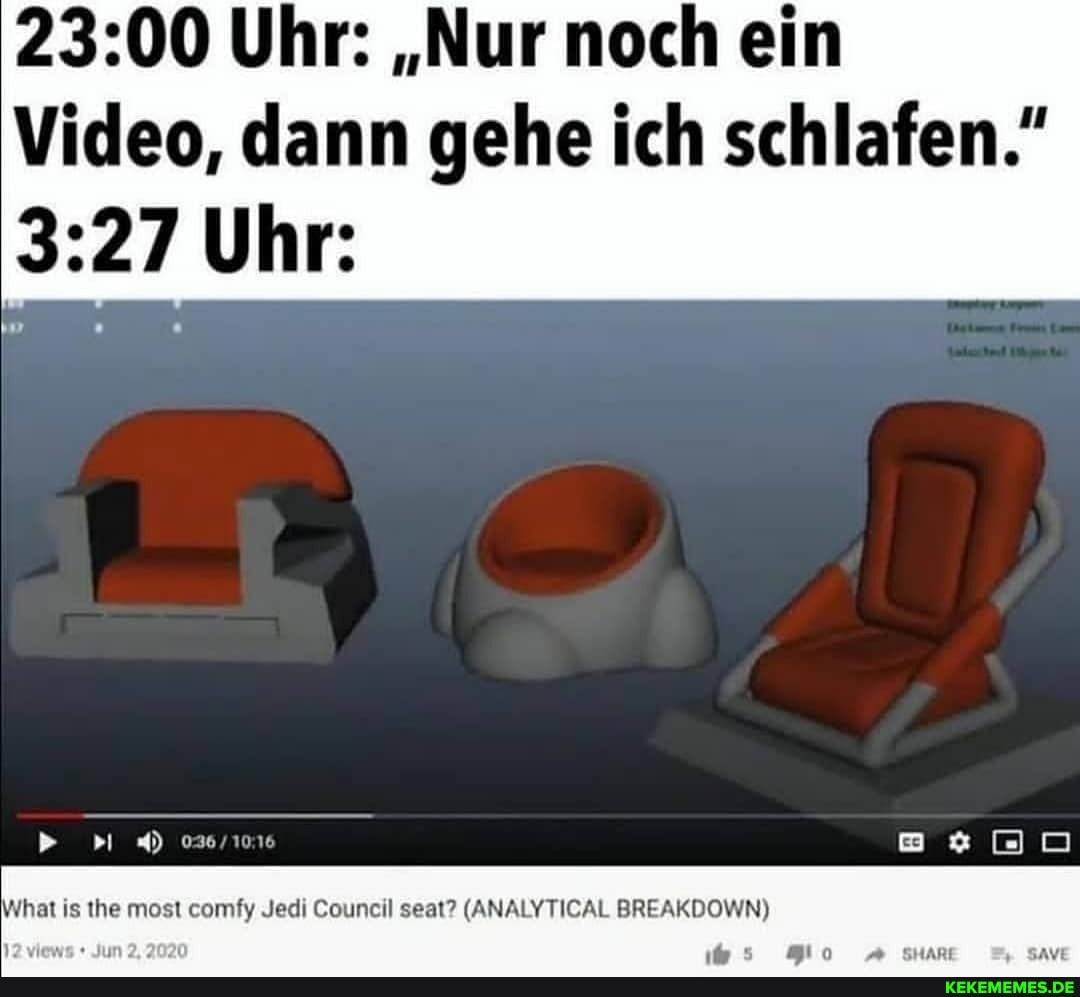 Uhr: ,,Nur noch ein
Video, dann gehe ich schlafen."
Uhr:
What is the most comfy Jedi Council seat? (ANALYTICAL BREAKDOWN)