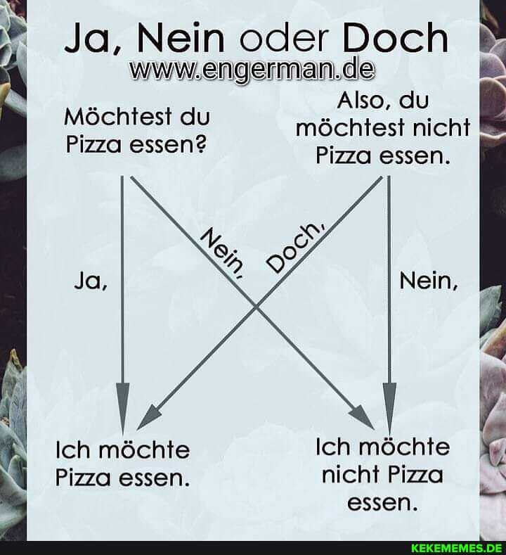 Ja, Nein oder Doch www.engerman.de
Also, du
Möchtest du möchtest nicht
Pizza essen? Pizza essen.
Nein,
Ich möchte Ich möchte
Pizza essen. nicht Pizza essen.